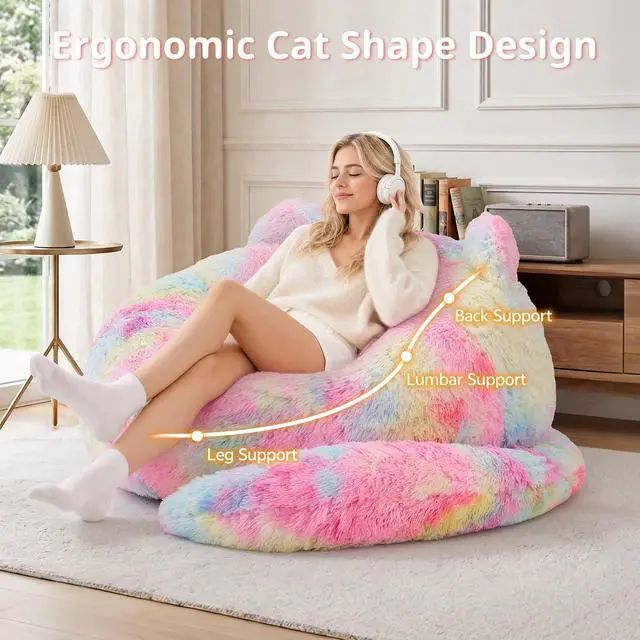 Alt view image 5 of 7 - Korser Bean Bag Chair, Giant Bean Bag Chairs for Adults Teens, Faux Fur Large Bean Bag Couch, Cat Shaped Fluffy Beanbag Sofa, Comfy Accent Floor Sofa for Reading, Gaming in Living Room Bedroom,Rainbow