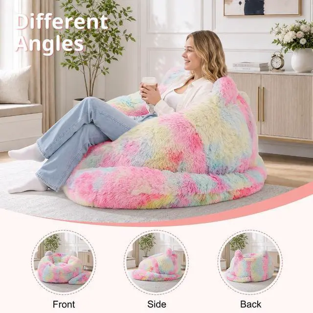 Alt view image 7 of 7 - Korser Bean Bag Chair, Giant Bean Bag Chairs for Adults Teens, Faux Fur Large Bean Bag Couch, Cat Shaped Fluffy Beanbag Sofa, Comfy Accent Floor Sofa for Reading, Gaming in Living Room Bedroom,Rainbow