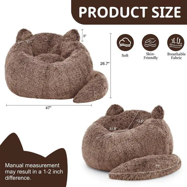 Alt view image 2 of 7 - Korser Bean Bag Chair, Giant Bean Bag Chairs for Adults Teens, Faux Fur Large Bean Bag Couch, Cat Shaped Fluffy Beanbag Sofa, Comfy Accent Floor Sofa for Reading, Gaming in Living Room Bedroom, Brown