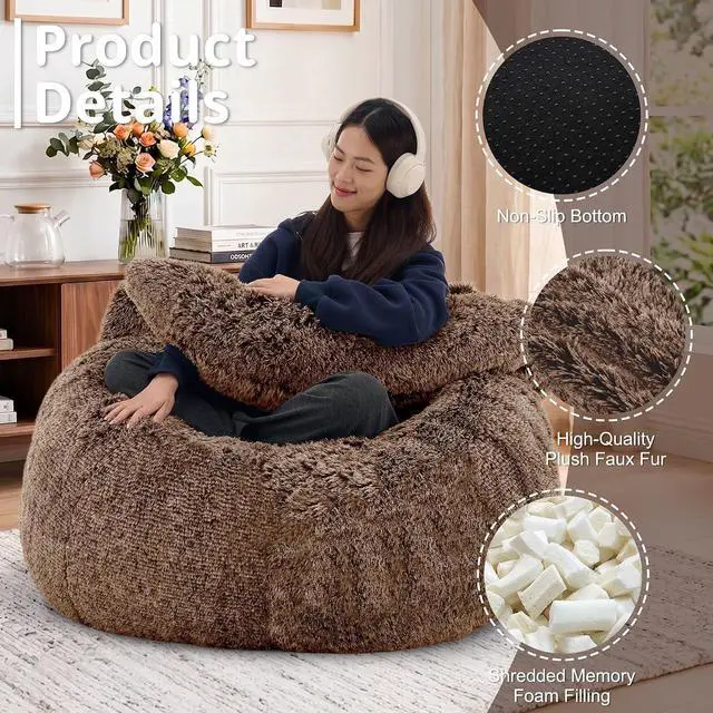 Alt view image 3 of 7 - Korser Bean Bag Chair, Giant Bean Bag Chairs for Adults Teens, Faux Fur Large Bean Bag Couch, Cat Shaped Fluffy Beanbag Sofa, Comfy Accent Floor Sofa for Reading, Gaming in Living Room Bedroom, Brown