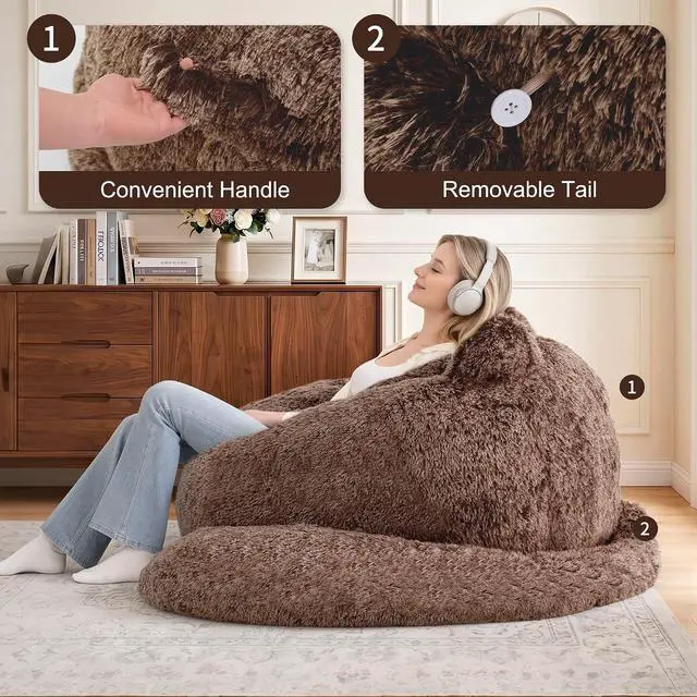 Alt view image 4 of 7 - Korser Bean Bag Chair, Giant Bean Bag Chairs for Adults Teens, Faux Fur Large Bean Bag Couch, Cat Shaped Fluffy Beanbag Sofa, Comfy Accent Floor Sofa for Reading, Gaming in Living Room Bedroom, Brown