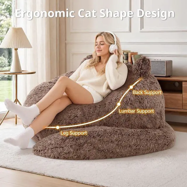 Alt view image 5 of 7 - Korser Bean Bag Chair, Giant Bean Bag Chairs for Adults Teens, Faux Fur Large Bean Bag Couch, Cat Shaped Fluffy Beanbag Sofa, Comfy Accent Floor Sofa for Reading, Gaming in Living Room Bedroom, Brown