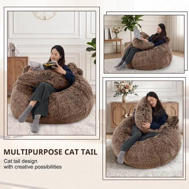 Alt view image 6 of 7 - Korser Bean Bag Chair, Giant Bean Bag Chairs for Adults Teens, Faux Fur Large Bean Bag Couch, Cat Shaped Fluffy Beanbag Sofa, Comfy Accent Floor Sofa for Reading, Gaming in Living Room Bedroom, Brown