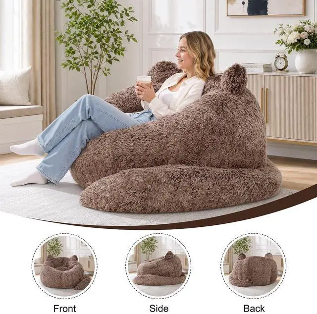 Alt view image 7 of 7 - Korser Bean Bag Chair, Giant Bean Bag Chairs for Adults Teens, Faux Fur Large Bean Bag Couch, Cat Shaped Fluffy Beanbag Sofa, Comfy Accent Floor Sofa for Reading, Gaming in Living Room Bedroom, Brown