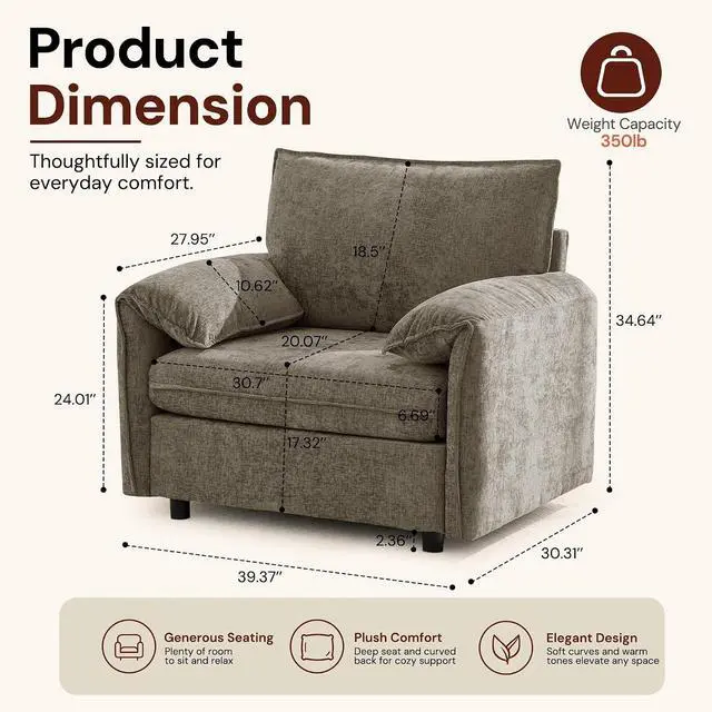 Alt view image 2 of 7 - Korser Oversized Accent Chair, 39.3" Wide Lounge Chairs for Living Room & Bedroom, Modern Arm Chair, Upholstered Mid-Century Reading Chair, Comfy Living Room Chair, Single Sofa Chair, Chenille, Brown