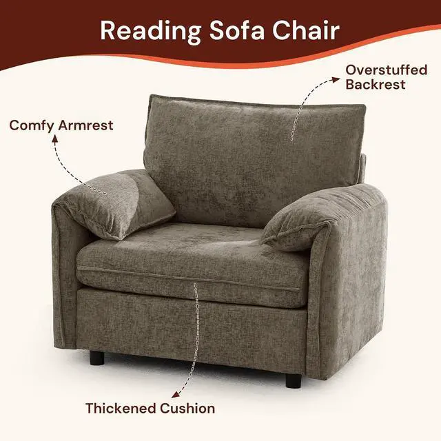 Alt view image 3 of 7 - Korser Oversized Accent Chair, 39.3" Wide Lounge Chairs for Living Room & Bedroom, Modern Arm Chair, Upholstered Mid-Century Reading Chair, Comfy Living Room Chair, Single Sofa Chair, Chenille, Brown
