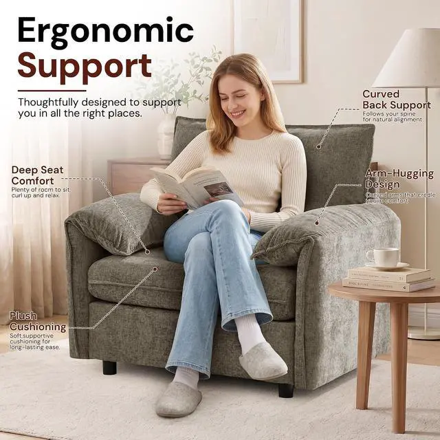 Alt view image 4 of 7 - Korser Oversized Accent Chair, 39.3" Wide Lounge Chairs for Living Room & Bedroom, Modern Arm Chair, Upholstered Mid-Century Reading Chair, Comfy Living Room Chair, Single Sofa Chair, Chenille, Brown