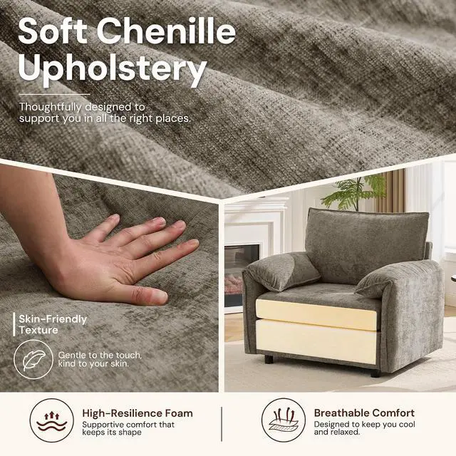 Alt view image 5 of 7 - Korser Oversized Accent Chair, 39.3" Wide Lounge Chairs for Living Room & Bedroom, Modern Arm Chair, Upholstered Mid-Century Reading Chair, Comfy Living Room Chair, Single Sofa Chair, Chenille, Brown