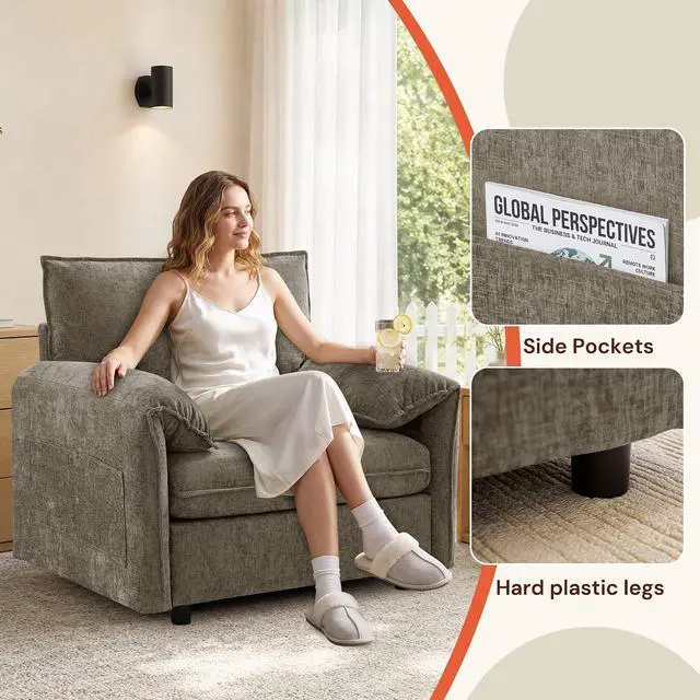 Alt view image 6 of 7 - Korser Oversized Accent Chair, 39.3" Wide Lounge Chairs for Living Room & Bedroom, Modern Arm Chair, Upholstered Mid-Century Reading Chair, Comfy Living Room Chair, Single Sofa Chair, Chenille, Brown