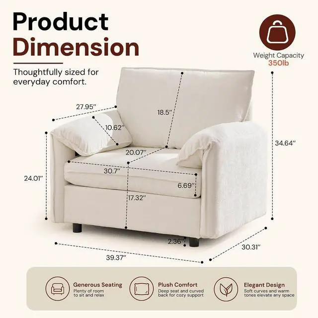 Alt view image 2 of 7 - Korser Oversized Accent Chair, 39.3" Wide Arm Chairs for Living Room & Bedroom, Modern Lounge Chair, Upholstered Mid-Century Reading Chair, Comfy Living Room Chair, Single Sofa Chair, Chenille, Beige
