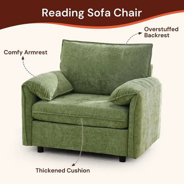Alt view image 3 of 7 - Korser Oversized Accent Chair, 39.3" Wide Arm Chairs for Living Room & Bedroom, Modern Lounge Chair, Upholstered Mid-Century Reading Chair, Comfy Living Room Chair, Single Sofa Chair, Chenille, Green