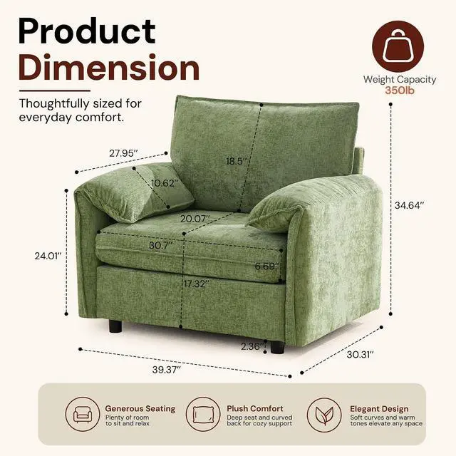 Alt view image 2 of 7 - Korser Oversized Accent Chair, 39.3" Wide Arm Chairs for Living Room & Bedroom, Modern Lounge Chair, Upholstered Mid-Century Reading Chair, Comfy Living Room Chair, Single Sofa Chair, Chenille, Green