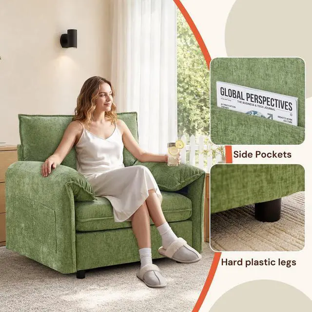 Alt view image 6 of 7 - Korser Oversized Accent Chair, 39.3" Wide Arm Chairs for Living Room & Bedroom, Modern Lounge Chair, Upholstered Mid-Century Reading Chair, Comfy Living Room Chair, Single Sofa Chair, Chenille, Green