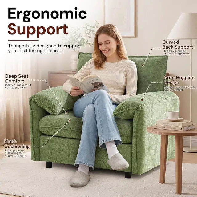Alt view image 4 of 7 - Korser Oversized Accent Chair, 39.3" Wide Arm Chairs for Living Room & Bedroom, Modern Lounge Chair, Upholstered Mid-Century Reading Chair, Comfy Living Room Chair, Single Sofa Chair, Chenille, Green