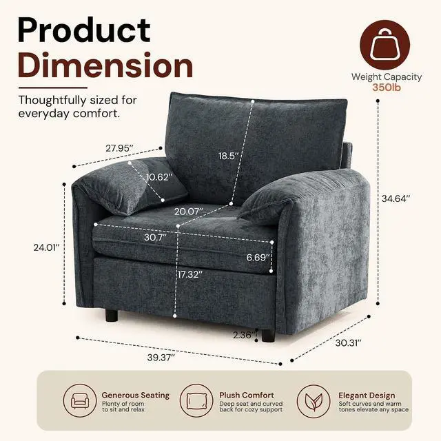 Alt view image 2 of 7 - Korser Oversized Accent Chair, 39.3" Wide Arm Chairs for Living Room & Bedroom, Modern Lounge Chair, Upholstered Mid-Century Reading Chair, Comfy Living Room Chair, Single Sofa Chair, Chenille, Grey