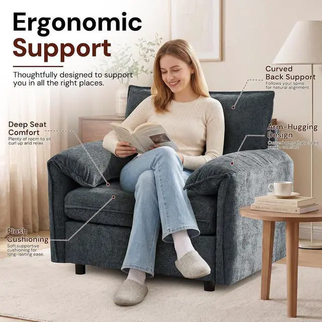 Alt view image 4 of 7 - Korser Oversized Accent Chair, 39.3" Wide Arm Chairs for Living Room & Bedroom, Modern Lounge Chair, Upholstered Mid-Century Reading Chair, Comfy Living Room Chair, Single Sofa Chair, Chenille, Grey