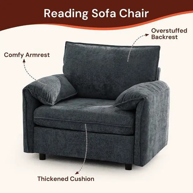 Alt view image 3 of 7 - Korser Oversized Accent Chair, 39.3" Wide Arm Chairs for Living Room & Bedroom, Modern Lounge Chair, Upholstered Mid-Century Reading Chair, Comfy Living Room Chair, Single Sofa Chair, Chenille, Grey