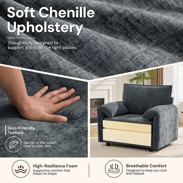 Alt view image 5 of 7 - Korser Oversized Accent Chair, 39.3" Wide Arm Chairs for Living Room & Bedroom, Modern Lounge Chair, Upholstered Mid-Century Reading Chair, Comfy Living Room Chair, Single Sofa Chair, Chenille, Grey