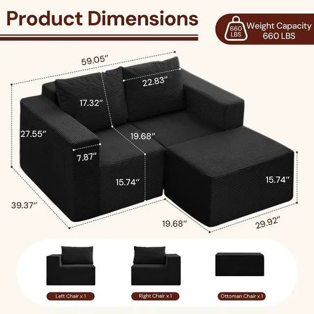 Alt view image 2 of 7 - Korser Sectional Couches for Living Room, Boneless Couch with Ottoman, Comfy Fluffy Cloud Couch with Deep Seat, Modular Sectional Sofa with Side Pockets, No Assembly L Shaped Couch, Corduroy