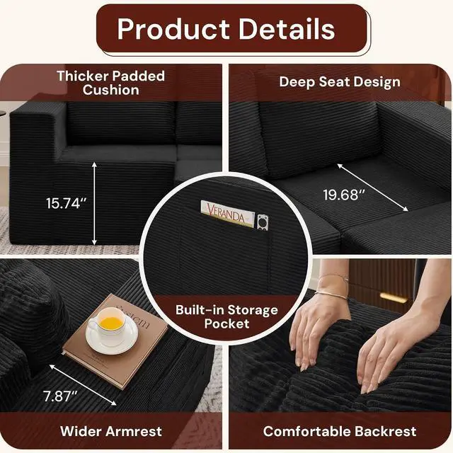 Alt view image 3 of 7 - Korser Sectional Couches for Living Room, Boneless Couch with Ottoman, Comfy Fluffy Cloud Couch with Deep Seat, Modular Sectional Sofa with Side Pockets, No Assembly L Shaped Couch, Corduroy