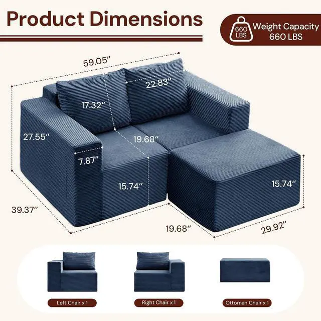 Alt view image 2 of 7 - Korser Sectional Couches for Living Room, Boneless Couch with Ottoman, Comfy Fluffy Cloud Couch with Deep Seat, Modular Sectional Sofa with Side Pockets, No Assembly L Shaped Couch, Corduroy