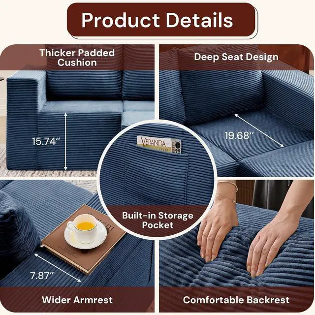 Alt view image 3 of 7 - Korser Sectional Couches for Living Room, Boneless Couch with Ottoman, Comfy Fluffy Cloud Couch with Deep Seat, Modular Sectional Sofa with Side Pockets, No Assembly L Shaped Couch, Corduroy