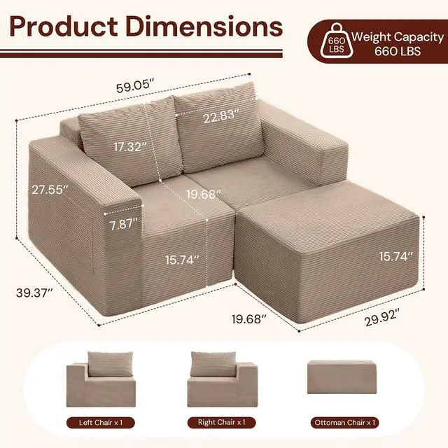 Alt view image 2 of 7 - Korser Sectional Couches for Living Room, Boneless Couch with Ottoman, Comfy Fluffy Cloud Couch with Deep Seat, Modular Sectional Sofa with Side Pockets, No Assembly L Shaped Couch, Corduroy