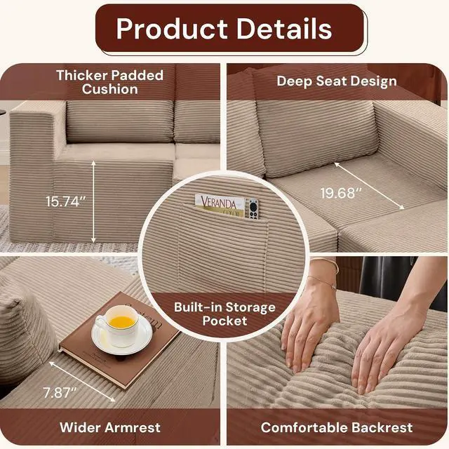 Alt view image 3 of 7 - Korser Sectional Couches for Living Room, Boneless Couch with Ottoman, Comfy Fluffy Cloud Couch with Deep Seat, Modular Sectional Sofa with Side Pockets, No Assembly L Shaped Couch, Corduroy