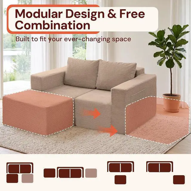 Alt view image 7 of 7 - Korser Sectional Couches for Living Room, Boneless Couch with Ottoman, Comfy Fluffy Cloud Couch with Deep Seat, Modular Sectional Sofa with Side Pockets, No Assembly L Shaped Couch, Corduroy