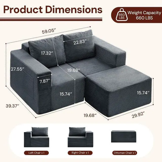 Alt view image 2 of 7 - Korser Sectional Couches for Living Room, Boneless Couch with Ottoman, Comfy Fluffy Cloud Couch with Deep Seat, Modular Sectional Sofa with Side Pockets, No Assembly L Shaped Couch, Corduroy