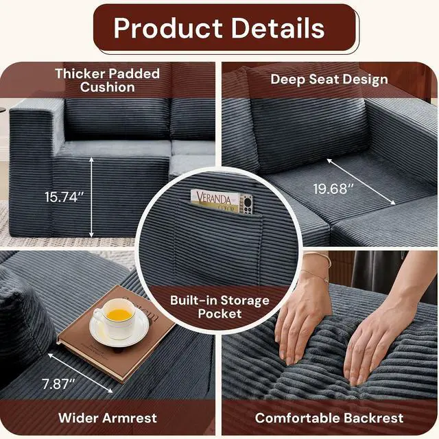 Alt view image 3 of 7 - Korser Sectional Couches for Living Room, Boneless Couch with Ottoman, Comfy Fluffy Cloud Couch with Deep Seat, Modular Sectional Sofa with Side Pockets, No Assembly L Shaped Couch, Corduroy