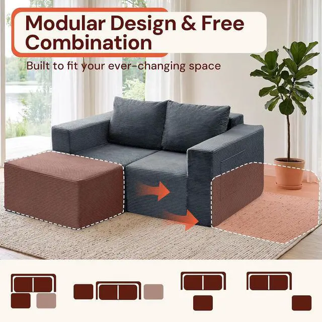 Alt view image 7 of 7 - Korser Sectional Couches for Living Room, Boneless Couch with Ottoman, Comfy Fluffy Cloud Couch with Deep Seat, Modular Sectional Sofa with Side Pockets, No Assembly L Shaped Couch, Corduroy