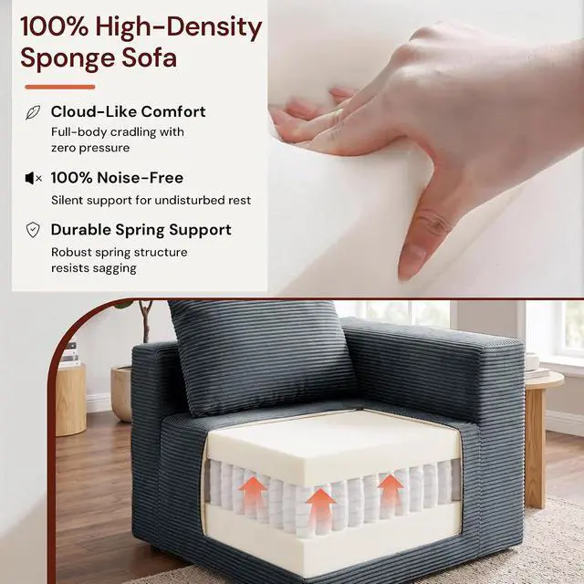 Alt view image 5 of 7 - Korser Sectional Couches for Living Room, Boneless Couch with Ottoman, Comfy Fluffy Cloud Couch with Deep Seat, Modular Sectional Sofa with Side Pockets, No Assembly L Shaped Couch, Corduroy