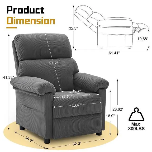 Alt view image 2 of 7 - Korser Recliner Chair, Living Room Recliner Chairs for Adults, Small Recliners for Small Spaces, Upholstered Manual Reading Chair with Side Pockets, Nursery Chair for Living Room, Corduroy, Grey