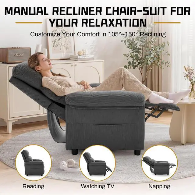 Alt view image 3 of 7 - Korser Recliner Chair, Living Room Recliner Chairs for Adults, Small Recliners for Small Spaces, Upholstered Manual Reading Chair with Side Pockets, Nursery Chair for Living Room, Corduroy, Grey