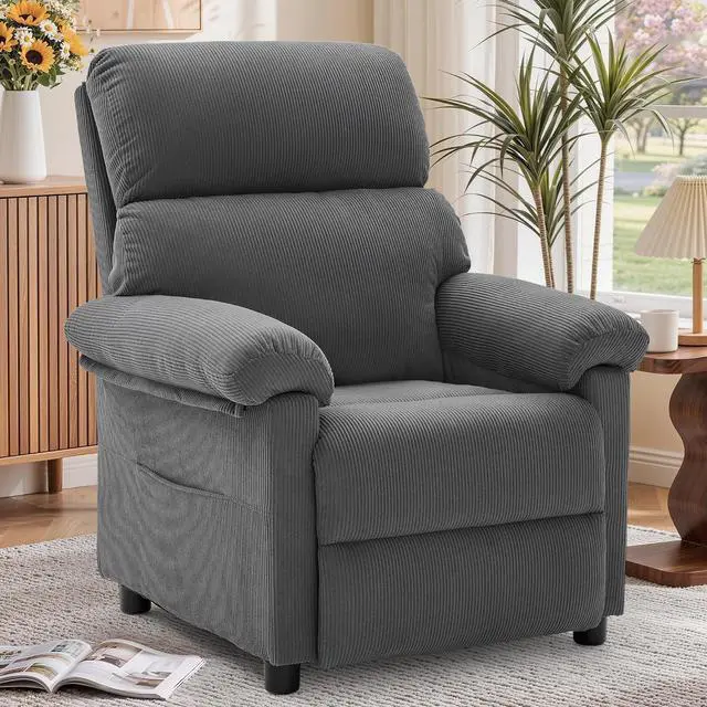 Main image of Korser Recliner Chair, Living Room Recliner Chairs for Adults, Small Recliners for Small Spaces, Upholstered Manual Reading Chair with Side Pockets, Nursery Chair for Living Room, Corduroy, Grey