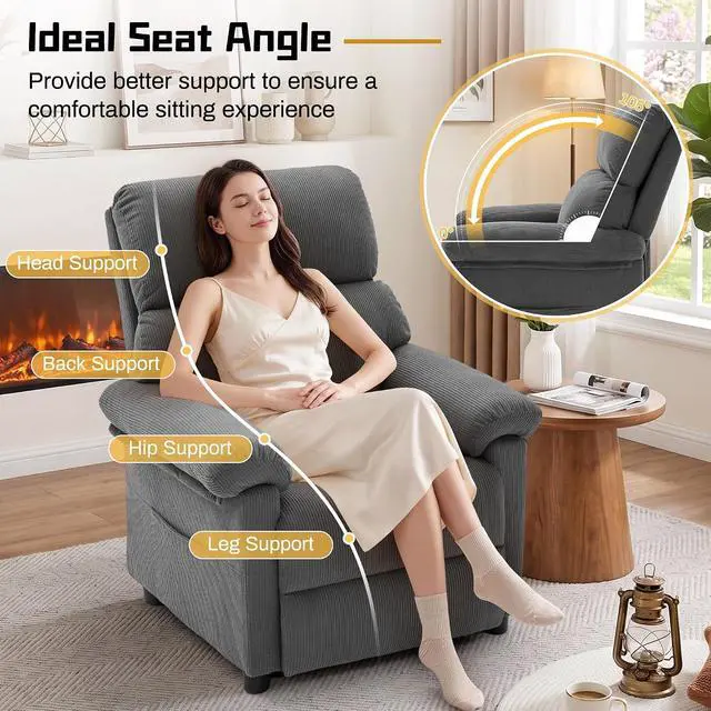 Alt view image 4 of 7 - Korser Recliner Chair, Living Room Recliner Chairs for Adults, Small Recliners for Small Spaces, Upholstered Manual Reading Chair with Side Pockets, Nursery Chair for Living Room, Corduroy, Grey