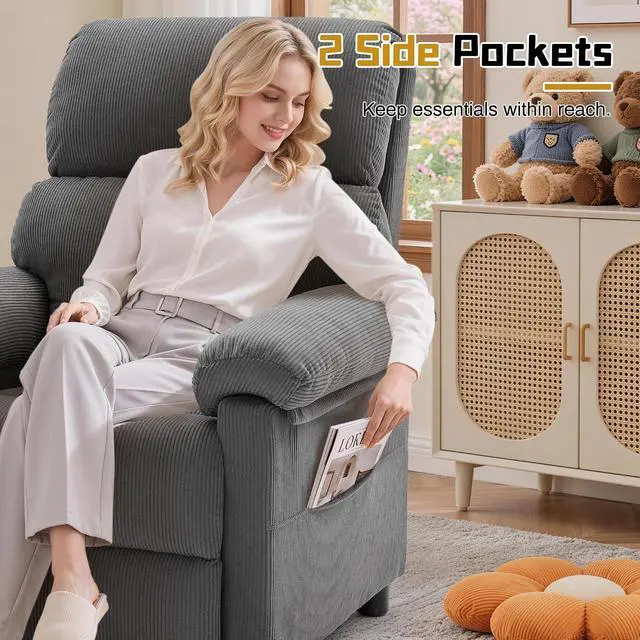 Alt view image 5 of 7 - Korser Recliner Chair, Living Room Recliner Chairs for Adults, Small Recliners for Small Spaces, Upholstered Manual Reading Chair with Side Pockets, Nursery Chair for Living Room, Corduroy, Grey