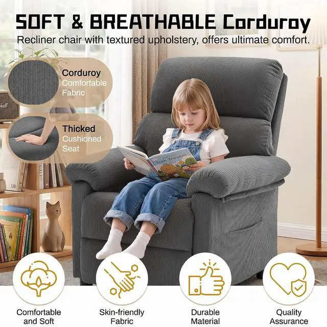 Alt view image 7 of 7 - Korser Recliner Chair, Living Room Recliner Chairs for Adults, Small Recliners for Small Spaces, Upholstered Manual Reading Chair with Side Pockets, Nursery Chair for Living Room, Corduroy, Grey