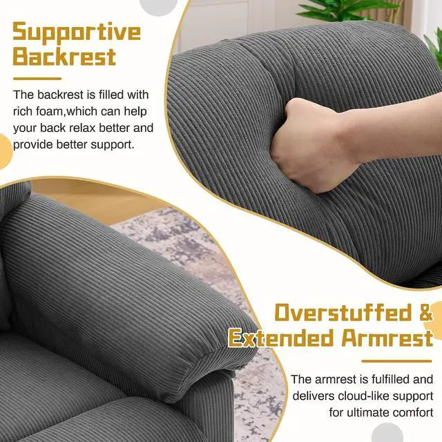 Alt view image 6 of 7 - Korser Recliner Chair, Living Room Recliner Chairs for Adults, Small Recliners for Small Spaces, Upholstered Manual Reading Chair with Side Pockets, Nursery Chair for Living Room, Corduroy, Grey