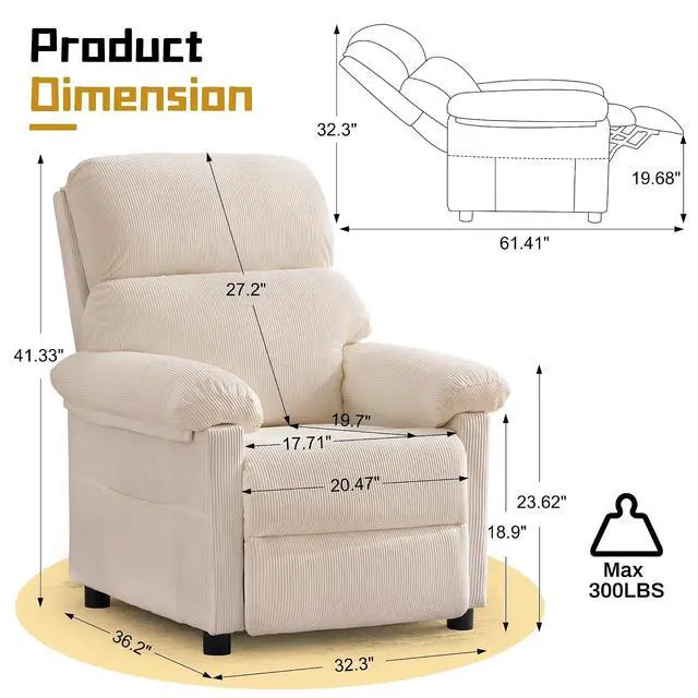 Alt view image 2 of 7 - Korser Recliner Chair, Living Room Recliner Chairs for Adults, Small Recliners for Small Spaces, Manual Reading Chair with Side Pockets, Upholstered Nursery Chair for Living Room, Corduroy, Khaki