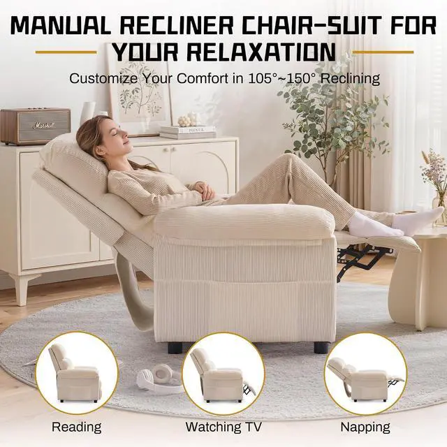 Alt view image 3 of 7 - Korser Recliner Chair, Living Room Recliner Chairs for Adults, Small Recliners for Small Spaces, Manual Reading Chair with Side Pockets, Upholstered Nursery Chair for Living Room, Corduroy, Khaki