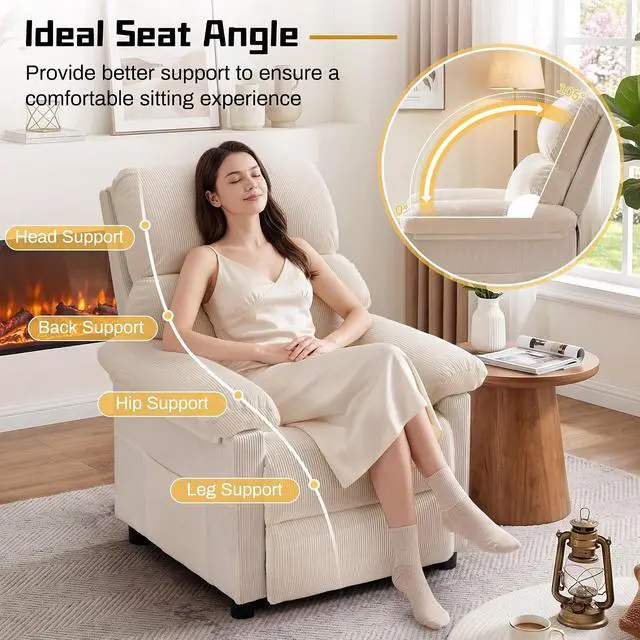 Alt view image 4 of 7 - Korser Recliner Chair, Living Room Recliner Chairs for Adults, Small Recliners for Small Spaces, Manual Reading Chair with Side Pockets, Upholstered Nursery Chair for Living Room, Corduroy, Khaki