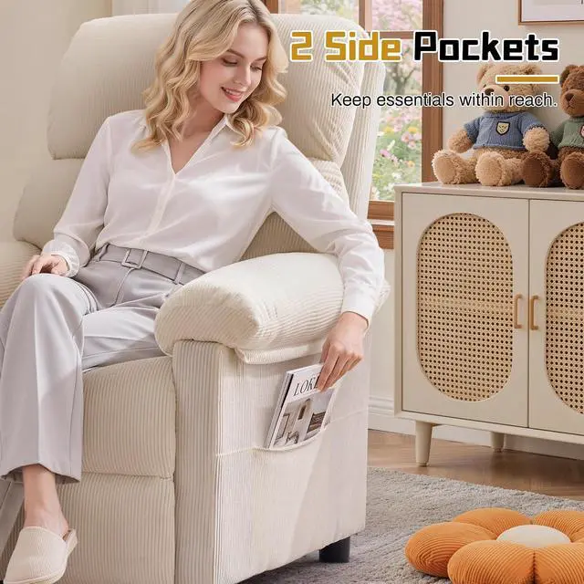 Alt view image 5 of 7 - Korser Recliner Chair, Living Room Recliner Chairs for Adults, Small Recliners for Small Spaces, Manual Reading Chair with Side Pockets, Upholstered Nursery Chair for Living Room, Corduroy, Khaki