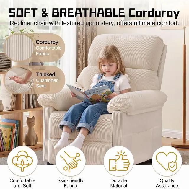 Alt view image 7 of 7 - Korser Recliner Chair, Living Room Recliner Chairs for Adults, Small Recliners for Small Spaces, Manual Reading Chair with Side Pockets, Upholstered Nursery Chair for Living Room, Corduroy, Khaki
