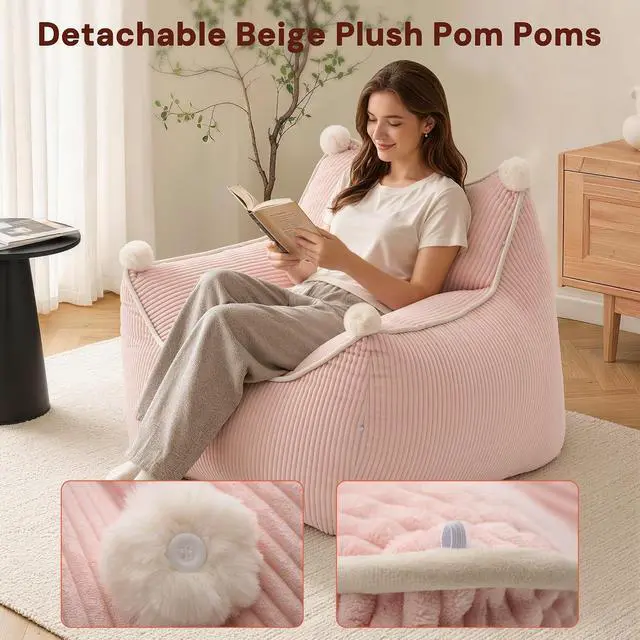 Alt view image 3 of 7 - Korser Bean Bag Chair for Adults and Teens, Small Bean Bag Couch Cozy with Foam Filler, Corduroy Comfy Beanbag Chair with Back Support, Lounge Floor Sofa for Living Room, Reading, Bedroom, Pink