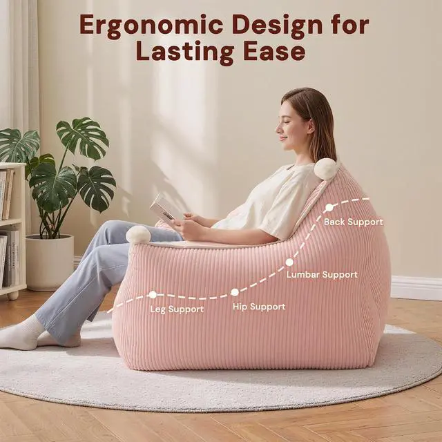 Alt view image 4 of 7 - Korser Bean Bag Chair for Adults and Teens, Small Bean Bag Couch Cozy with Foam Filler, Corduroy Comfy Beanbag Chair with Back Support, Lounge Floor Sofa for Living Room, Reading, Bedroom, Pink