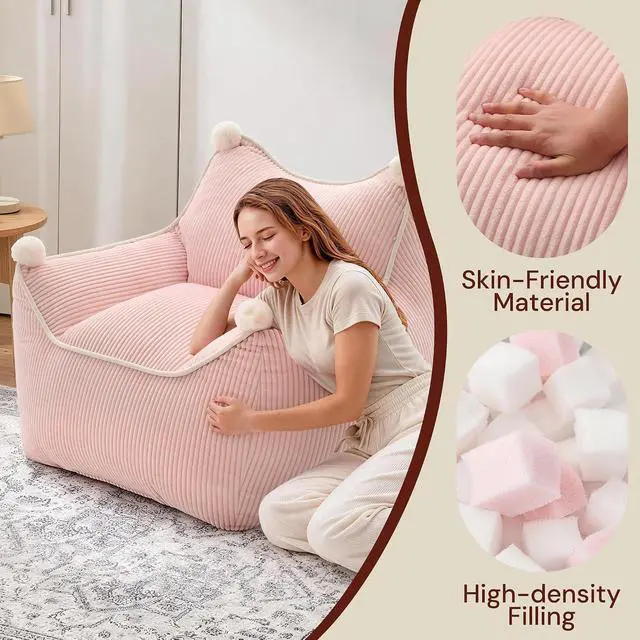 Alt view image 6 of 7 - Korser Bean Bag Chair for Adults and Teens, Small Bean Bag Couch Cozy with Foam Filler, Corduroy Comfy Beanbag Chair with Back Support, Lounge Floor Sofa for Living Room, Reading, Bedroom, Pink
