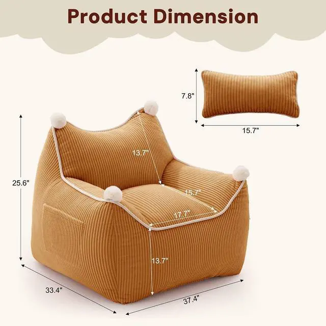 Alt view image 2 of 7 - Korser Bean Bag Chair for Adults and Teens, Bean Bag Couch Cozy with Foam Filler, Corduroy Comfy Beanbag Chair with Back Support, Lounge Floor Sofa for Living Room, Reading, Bedroom, Orange