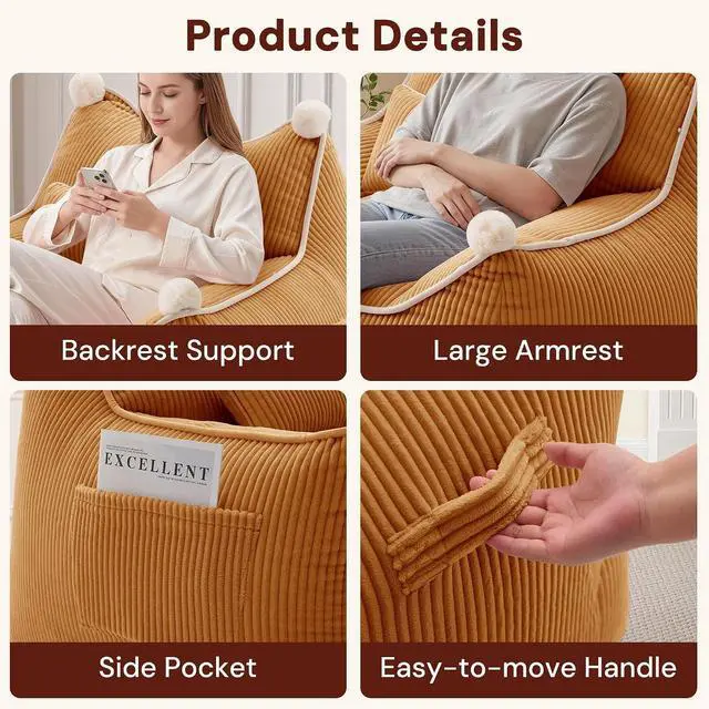 Alt view image 3 of 7 - Korser Bean Bag Chair for Adults and Teens, Bean Bag Couch Cozy with Foam Filler, Corduroy Comfy Beanbag Chair with Back Support, Lounge Floor Sofa for Living Room, Reading, Bedroom, Orange